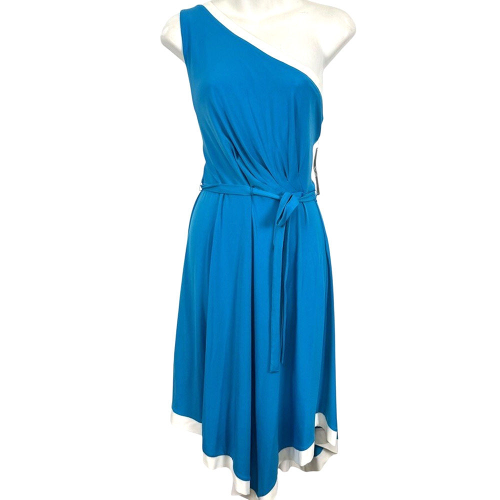 New York & Company One Shoulder Asymmetrical Belted Jersey Knit Dress NWT sz L